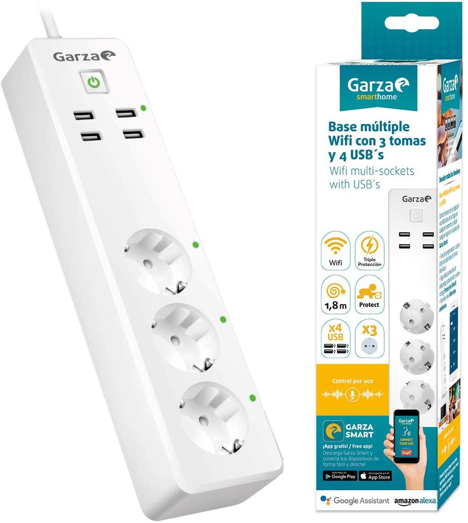 Base múltiple inteligente Wifi con 3 tomas y 4 USBs Garza Smarthome