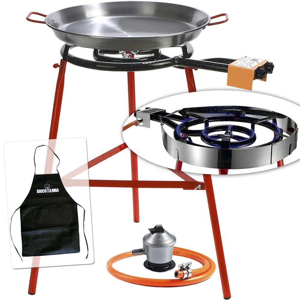 Set Paellero Gas 60cm +Paellera Esmaltada 65cm 22 Raciones +Soporte Robusto  3 Patas Kit Paella, Briebe, Negro, , JUMBO