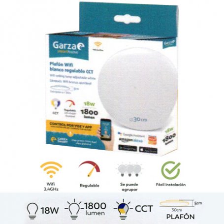 Plafón led inteligente Wifi blanco regulable CCT Ø30cm 18W 1800lm