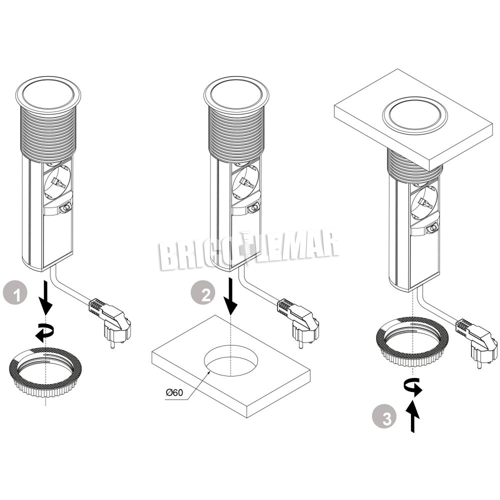 Emuca Regleta de 3 enchufes con 2 USB, de empotrar, retráctil, push, enchufe  tipo Schuko, Acero y Plástico, Negro