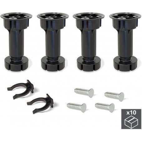 Kit de 10x4 pies niveladores con bases premontadas para mueble regulable 98-115mm plástico negro Emuca