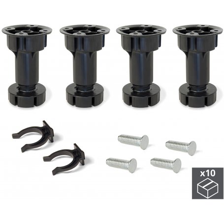 Kit de 10x4 pies niveladores con bases premontadas para mueble regulable 98-115mm plástico negro Emuca