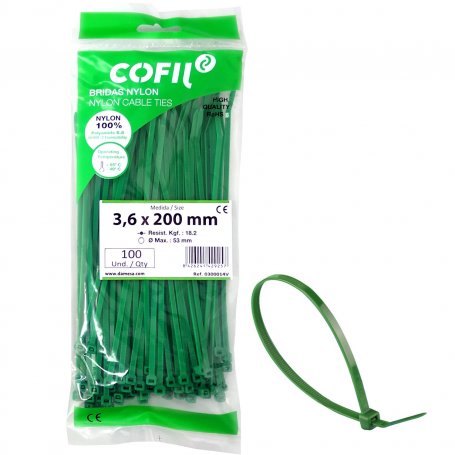 Brida nylon dentada 200x3.6 verde bolsa 100 unidades Kabra