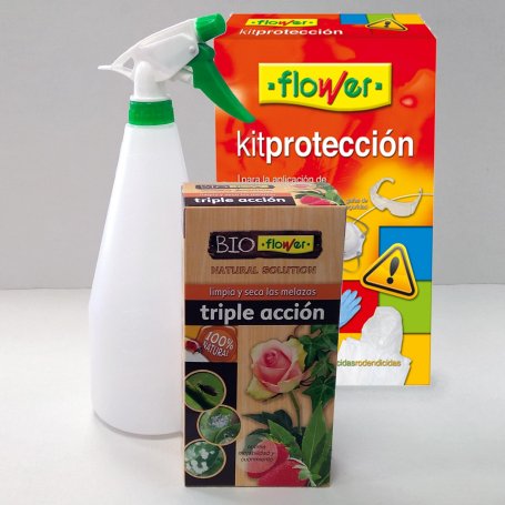 Kit insecticida ecológico Triple Acción 100ml Flower + pulverizador 1 litro + set de protección