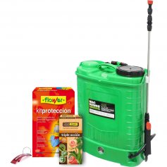 Kit insecticida ecológico Triple Acción 100ml Flower + pulverizador a batería 12V 16L + set de protección