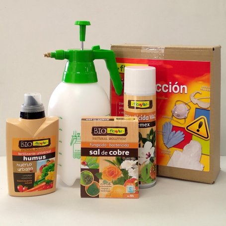 Kit pulverizador a presión 2L + Insecticida spray 500ml + Fungicida 6x15g + Fertilizante 500ml + set de pretección