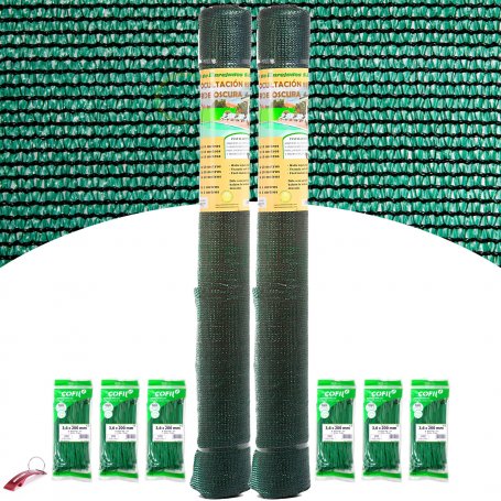 Malla extra ocultación verde 2 rollos de 1,5x50m Central de Enrejados + 600 bridas nylon verde 200x3,6mm