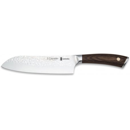 Cuchillo cocina Santoku 17,5cm acero inoxidable mango madera de Pakka forjado martillado 3 Claveles