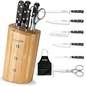 Juego de 5 cuchillos Forgé + tijeras de cocina Master Class 8” en taco porta cuchillos Ash de madera 3 Claveles