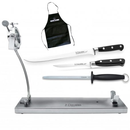 Kit jamonero giratorio plegable inox + cuchillos Forgé jamonero y deshuesador + chaira 3 Claveles