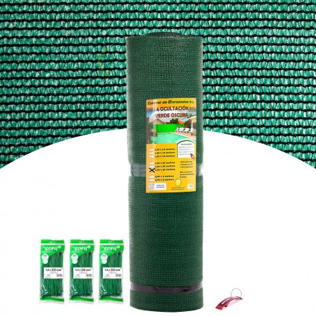 Malla extra ocultación verde 2x50m Central de Enrejados + 300 bridas nylon verde 200x3,6mm