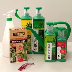 Set de 4 productos esenciales Canabium para el cultivo de cannabis + Insecticida ecológico 100ml + pulverizar 1L + regadera 2L