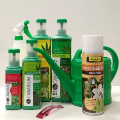 Set 4 productos Canabium para cultivo de cannabis + insecticida natural spray 500ml + pulverizador 1L + regadera 2L