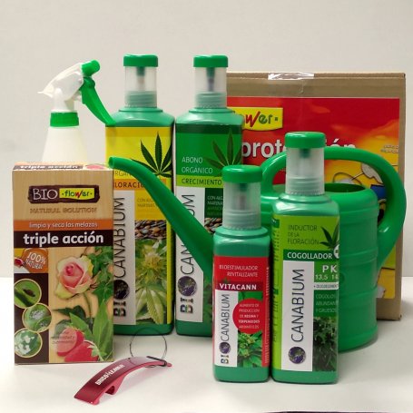 Set 4 productos Canabium para cultivo de cannabis + insecticida ecológico 100ml + pulverizador 1L + regadera 2L + set protección