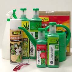 Set 4 productos Canabium para cultivo de cannabis + insecticida spray 500ml + pulverizador 1L + regadera 2L + set protección