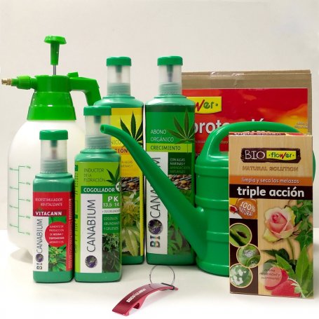 Set 4 productos Canabium para cultivo de cannabis + insecticida ecológico 100ml + pulverizador 2L + regadera 2L + set protección