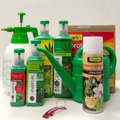 Set 4 productos Canabium para cultivo de cannabis + insecticida spray 500ml + pulverizador 2L + regadera 2L + set protección