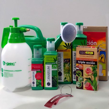 Pack 4 productos Canabium cultivo de cannabis + insecticida 100ml + pulverizador a presión 2L + regadera 5L + set protección