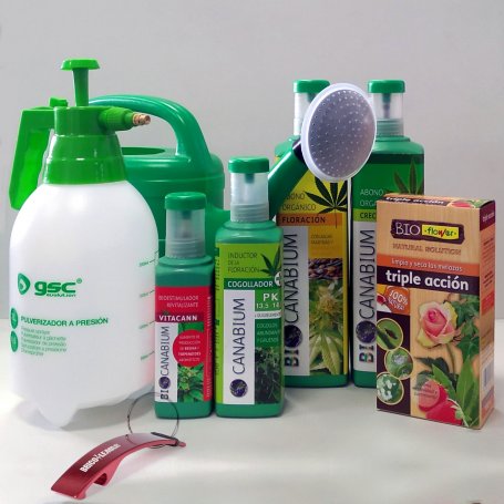 Pack de 4 productos Canabium para el cultivo de cannabis + Insecticida ecológico 100ml + pulverizador a presión 2L + regadera 5L