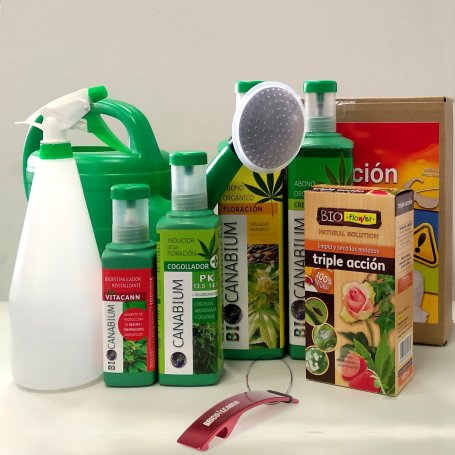 Pack 4 productos Canabium para cultivo de cannabis + insecticida 100ml + pulverizador 1L + regadera 5L + set protección