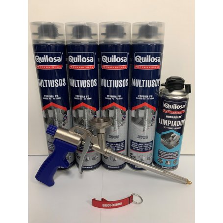 Kit Pistola espuma Caliber 30 + 4 cartuchos Espuma de Poliuretano PU Quilosa Orbafoam + limpiador de espuma fresca 500ml