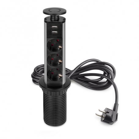 Multiconector extraíble Vertikal, 3 enchufes tipo Schuko, 2 USB tipo A, Plástico y Aluminio, Pintado negro - Emuca