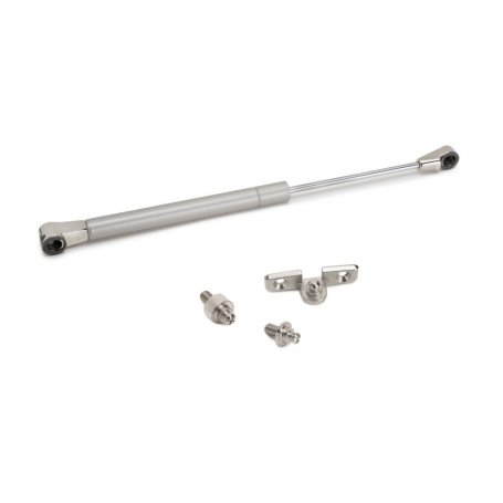 Pistón para puertas elevables Thin, diámetro 12mm, con enganches, 10kg, Acero y Plástico, Pintado níquel mate - Emuca