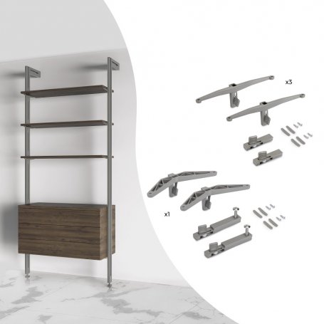 Kit de soportes para 3 estantes de madera y 1 módulo para la estructura Zero, Zamak, Pintado color gris piedra - Emuca