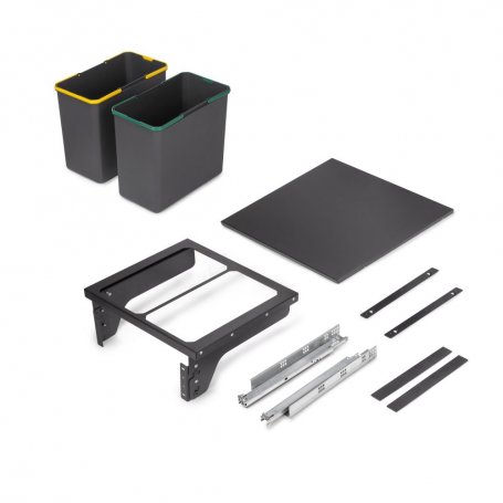 Contenedor de reciclaje para fijación lateral en mueble de cocina Recycle 2x24litros, Acero, Plástico gris antracita - Emuca