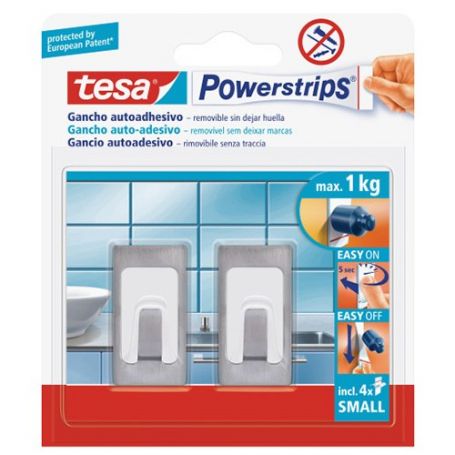 Tesa powerstrips gancho acero inoxidable pequeño rectangular con adhesivo