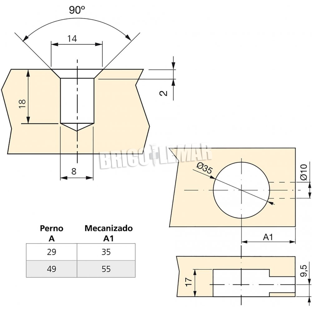 ▷ 10 Kits Big + exzentrische Schraube und Mutter M8 Platte Ø35mm bis 20 mm  Emuca