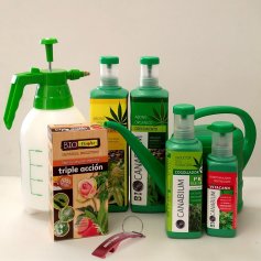 Set von 4 Produkten Canabium für den Anbau von Cannabis + Insecticide ökologischen Drucksprüher 100ml + 2L + 2L Dusche