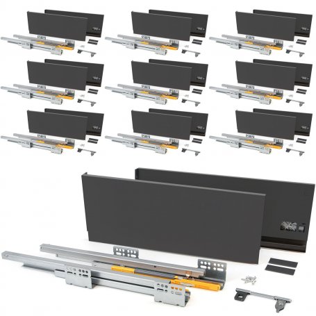 Set mit 10 Sets für Concept Küchenschubladen Höhe 185 mm Tiefe 500 mm gedämpftes Schließen anthrazitgrauer Stahl Emuca