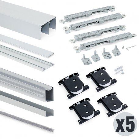 Set mit 5 Schiebesystemen für Kleiderschrank 2 Türen mit niedrigeren Rollendicken 18 mm Aluminiumprofilen Emuca