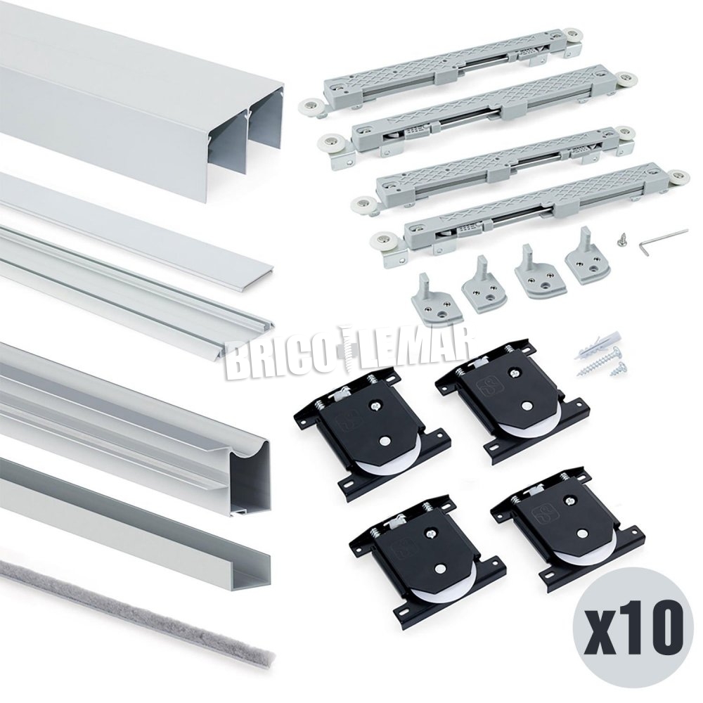 ▷ Set mit 10 Schiebesystem-Kits für Kleiderschrank 2-türig mit niedrigeren  Rollendicken 18 mm Aluminiumprofilen Emuca