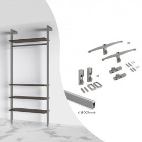 Kit Soportes para 4 Estantes de Madera y Barra Colgar 1m Zero Aluminio Gris - Emuca