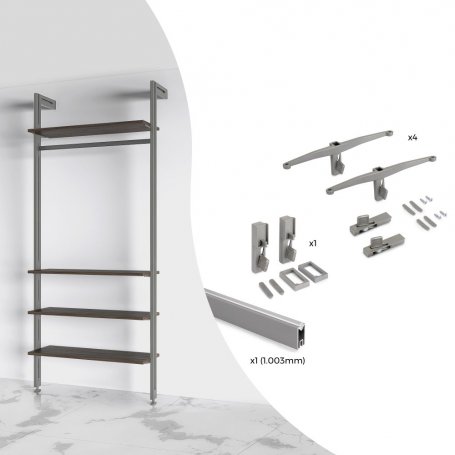 Kit Soportes para 4 Estantes de Madera y Barra Colgar 1m Zero Aluminio Gris - Emuca