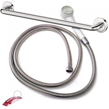 Kit poignée de douche en plastique blanc Orfesa + flexible inox extensible 175-210cm + poignée / porte-serviettes 55cm laiton ch