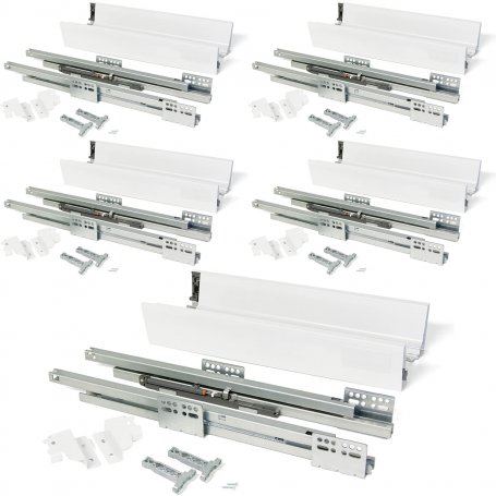 Lot de 5 kits pour tiroirs de cuisine Vantage-Q hauteur 83mm profondeur 350mm fermeture amortie acier blanc Emuca