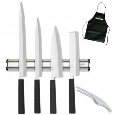 Set di 4 coltelli serie Tokyo con barra portacoltelli magnetico e pinza sushi 3 Claveles