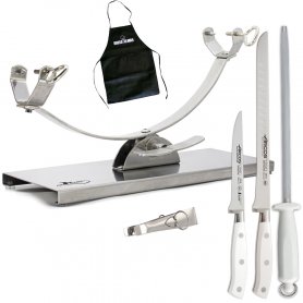 in acciaio inox professionale con coltello da taglio ad alta precisione e lama incorporati. Porta prosciutto girevole basculante 