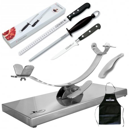 Jamonero con Balancin Inox Kabra + Cuchillo Jamonero y Deshuesador + Chaira + Pinza para Jamon + Delantal de Regalo