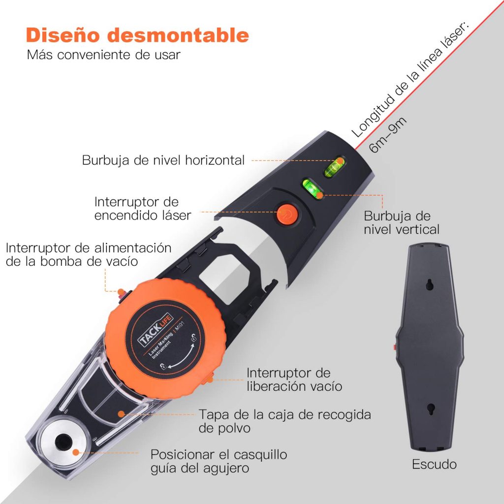 el nivel electronico laser tacklife MI01 tiene un diseño desmontable que le permite actuar como 2 herramientas a la vez, esa ventaja frente a las demás herramientas de su estilo la hacen ideal para comprarla ya