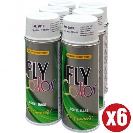 Spray RAL 9010 glanzend 200ml FlyColor doosje met 6 stuks