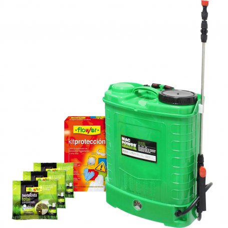 Kit drukspuit 16L 12V accu MacPower + herbicide concentraat 50g + Totale bescherming set Flower