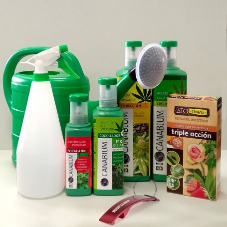 Pak van 4 producten Canabium voor de teelt van cannabis + insecticide ecologische 100ml + 1L + douche spuit 5L