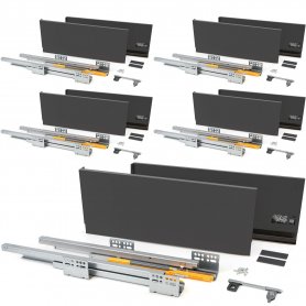 Lot van 5 sets voor Concept keukenlades hoogte 185mm diepte 500mm softclose antracietgrijs staal Emuca