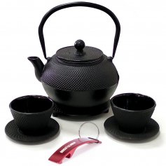 O chá preto jogo de ferro fundido 1,20lt + 2 xícaras + reposatetera Ibili