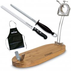 Porta-presunto dobrável giratório de metal / bambu + presunto e conjunto de faca de amolar 3 Claveles