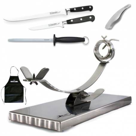 Kit Jamonero Kabra Inox Profesional + Cuchillos Forge + Pinza + Chaira + Delantal Bricolemar